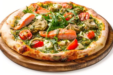 Salmon Pizza with Salmon, Seafood Flatbread with Pickled Artichokes, Arugula, Cherry Tomatoes
