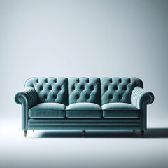 Elegant teal chesterfield sofa on a plain light background with a minimalist style.