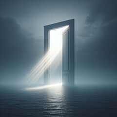 Bright light shines through a mysterious door portal in a dark, foggy seascape, symbolizing opportunity, mystery, or the unknown.