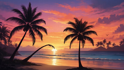 Tropical Beach Sunset, Bask in the Warm Glow of the Setting Sun as Palm Trees Silhouette Against a Colorful Sky.