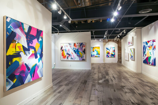 The paintings in the room are abstract and colorful, with a mix of blue, yellow