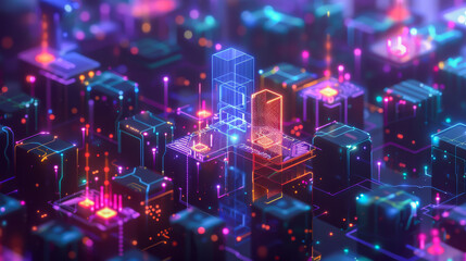 A cityscape with buildings and lights in neon colors