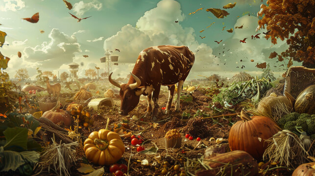 A cow is grazing in a field of pumpkins and vegetables