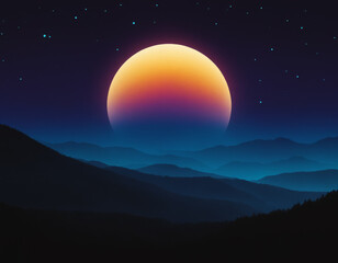Gradient Full Moon Rising Over Mountains with Starry Night Sky