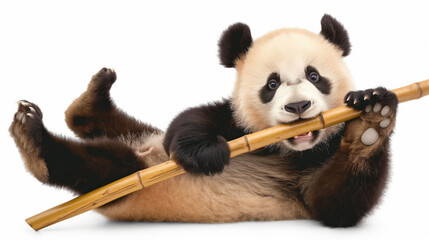 Playful panda lying on its back playing with a bamboo flute, looking joyful.