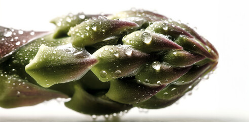 Close-up of asparagus tips with water droplets, on a clean white background.
