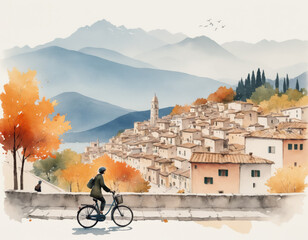 Autumnal Watercolor of Cyclist in Quaint Mountain Town