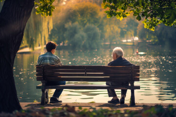 Two people sitting on a bench by a lake