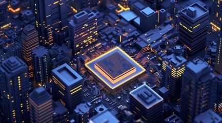 Futuristic cityscape with central microchip