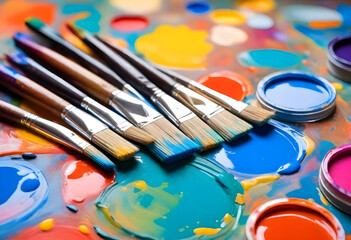 Obraz premium Artist's Paintbrushes, Colorful artist brushes and paint.