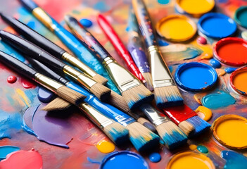 Obraz premium Artist's Paintbrushes, Colorful artist brushes and paint.