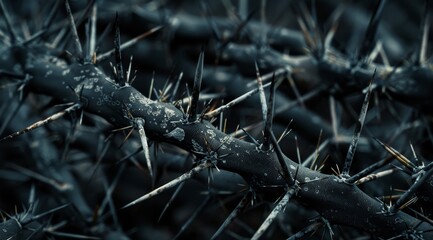 Close-up of thorny branches with dewdrops in monochrome