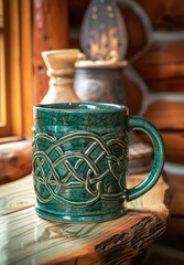 Elegant ceramic mug on a wooden table in a cozy cabin setting