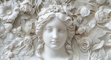 Elegant bas-relief sculpture of a woman surrounded by floral motifs