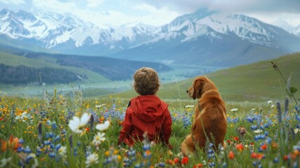 Back view of a kid and a dog sit together in wild flowe field with snow mountain