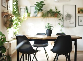 Modern scandinavian dining room interior with design wooden table black chairs and plants in elegant personal woman's home decor
