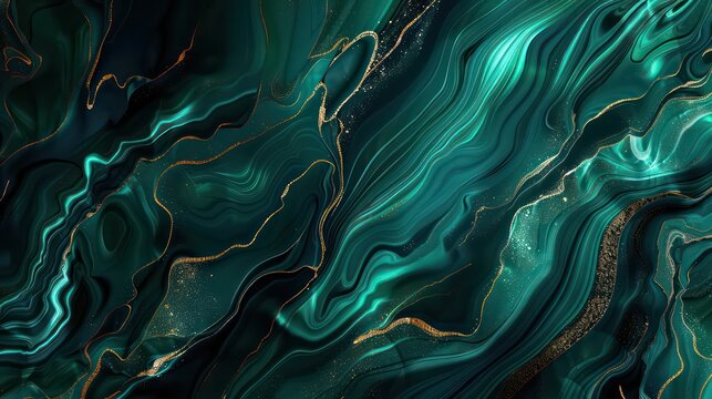 Amazing abstract dark green texture. 3d vertical banner emerald royal color. Oil marble picture with glowing effect. Wavy fluid trendy modern background