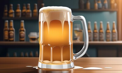 illustration representing a glass of beer with its creamy foam. The scene reveals the delicacy of the beer thanks to its color, guaranteeing the quality of the barley used for its manufacture.