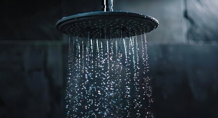 Shower head and falling water drops. AI generated illustration