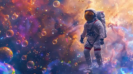 Beautiful painting of an astronaut in in a colorful bubbles galaxy on a different planet