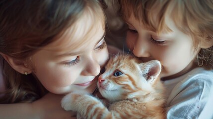 Little child and baby cat