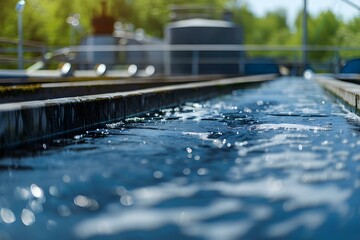 Facility treating industrial wastewater to remove contaminants before release into environment. Concept Industrial Wastewater Treatment, Contaminant Removal, Environmental Release