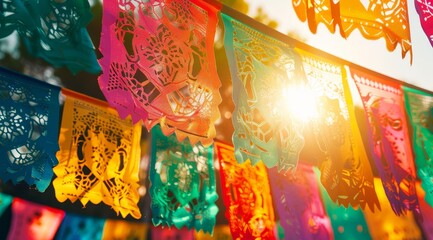 Colorful traditional papel picado banners fluttering in the sunlight