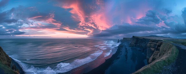 Breathtaking sunset panorama over coastal cliffs