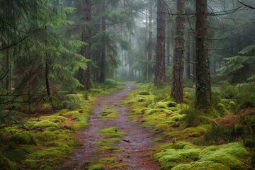 Obraz premium Misty Forest Path with Lush Green Moss