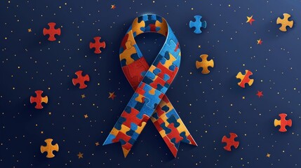 Fototapeta premium Symbolic blue ribbon with puzzle pieces represents world autism awareness day on a dark background