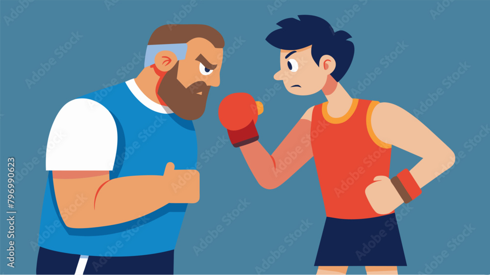 Poster a coach giving advice to their fighter reminding them to focus on their strength and technique inste