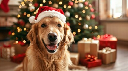 A cute dog wearing red Christmas cap at home with holiday decorations.