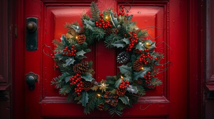 Holly Berries and Evergreen Yule Wreath, generative ai