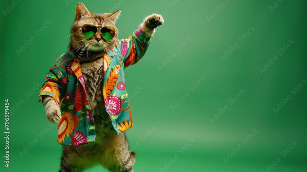 Wall mural Cat wearing colorful clothes and sunglasses dancing on the green background