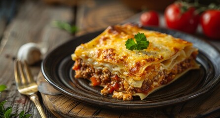 Delicious homemade lasagna on rustic wooden table