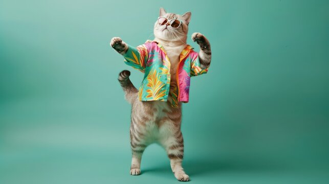 Cat wearing colorful clothes and sunglasses dancing on the green background