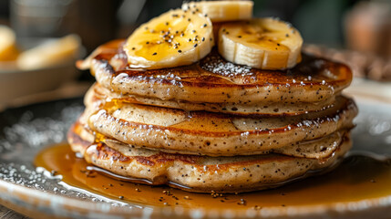 A stack of pancakes with bananas and raspberries on top. The pancakes are covered in syrup and the raspberries are scattered around the plate. The plate is placed on a wooden table
