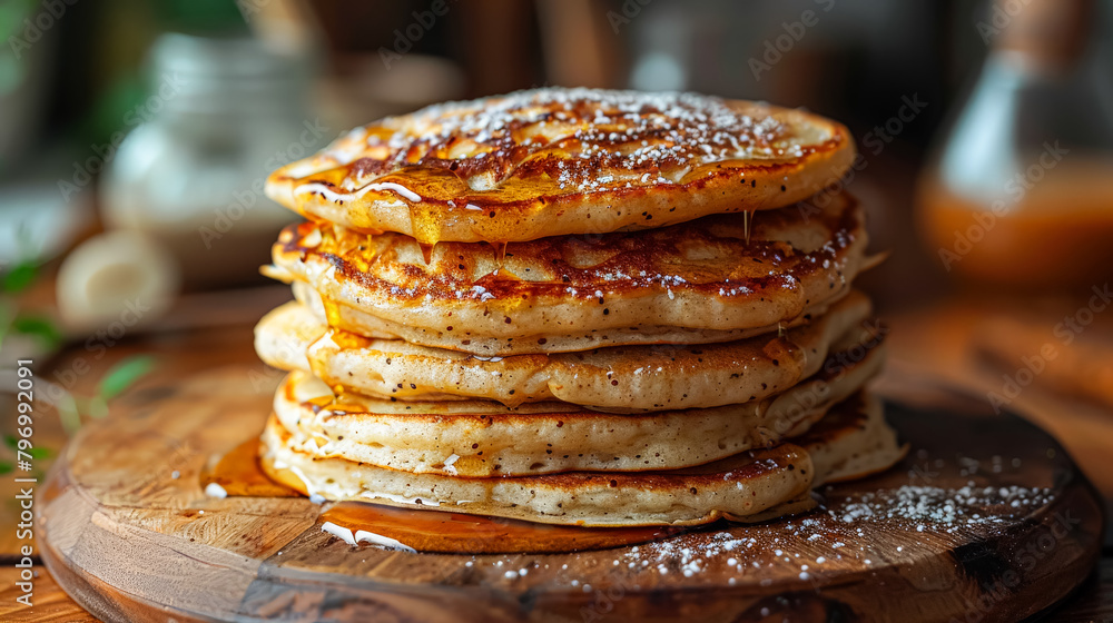 Poster a stack of pancakes with bananas and raspberries on top. the pancakes are covered in syrup and the r