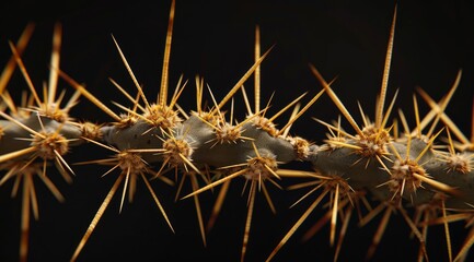 Close-up of thorns on a cactus against a dark background