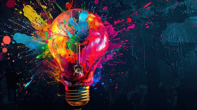 Lightbulb eureka moment with Impactful and inspiring artistic colourful explosion of paint energy