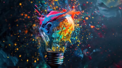 Creative light bulb explodes with colorful paint and splashes on a black background