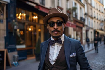 Stylish man in a hat posing on a city street