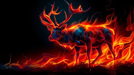A deer that is standing in the fire. A magical creature made of fire on black background. - 796993016