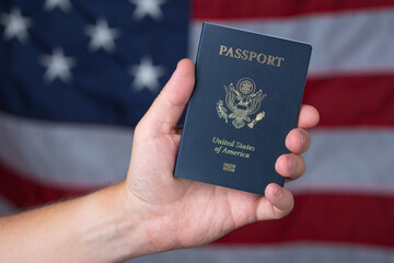 Passport USA. Citizen, citizenship. United States of America. Immigration. Id chip Passport after Green Card US Permanent resident. Identity documents. Embassy USA. Passport for Visa. American flag
