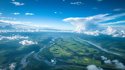 From above, an awe-inspiring landscape unfolds, captured from an airplane. A mesmerizing blue sky stretches above lush green fields, meandering rivers, and towering mountains. This vista beckons one t