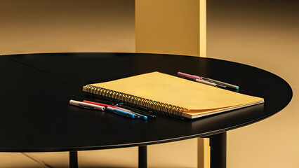 Stunning image of a notepad made of craft yellow paper placed on a black table in a minimalist room.