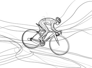 One line drawing of a cyclist man riding a bicycle on a race track a minimalistic vector illustration in the style of sport event and competition concept isolated on a white background with copy space