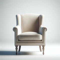 Elegant beige wingback chair illuminated by soft lighting against a neutral backdrop, highlighting timeless furniture design.