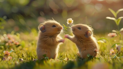 Lovely cute hamster couple on lawn with beautiful flowers