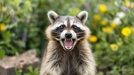 Close up of a cute happy raccoon 